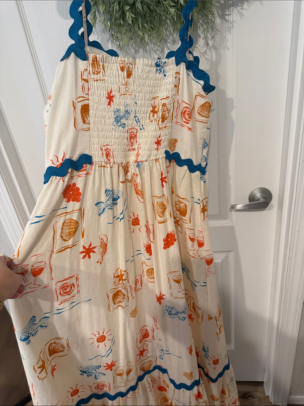 CeCe Cream Maxi Dress with Blue Trim and Orange Print - Picture 4 of 6
